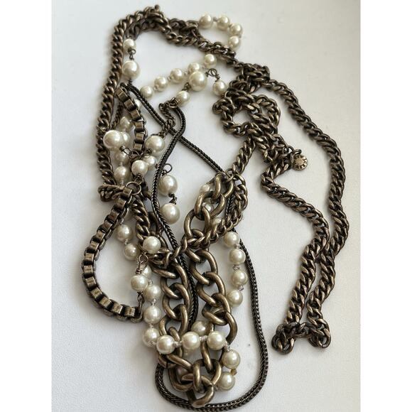 J. Crew Antique Bronze Metal Faux Pearl Multi-strand Long Necklace 32” Chunky - Picture 4 of 5
